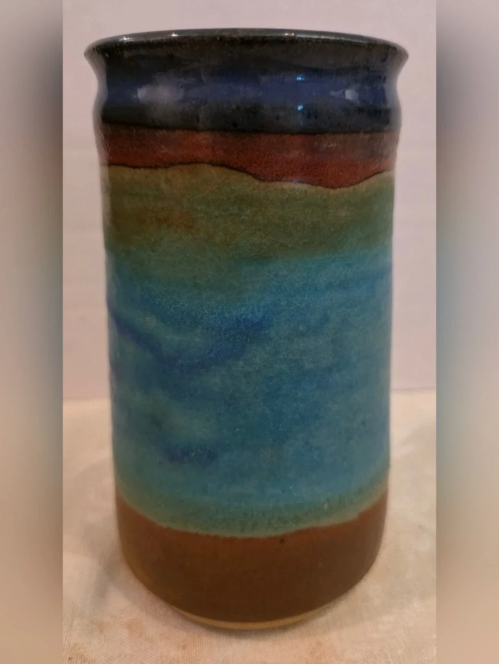 Studip Art Pottery Glazed Vase Bands Of Blue/Green/ Brown Signed 6 